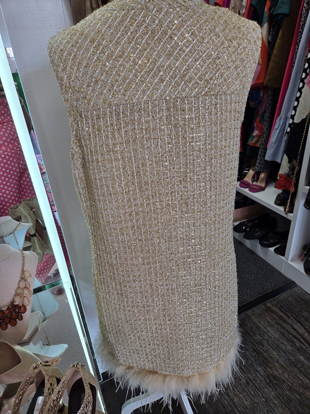 Anthropologie Gold Tweed Mini Dress with Feather Trim - Picture 2 of 8